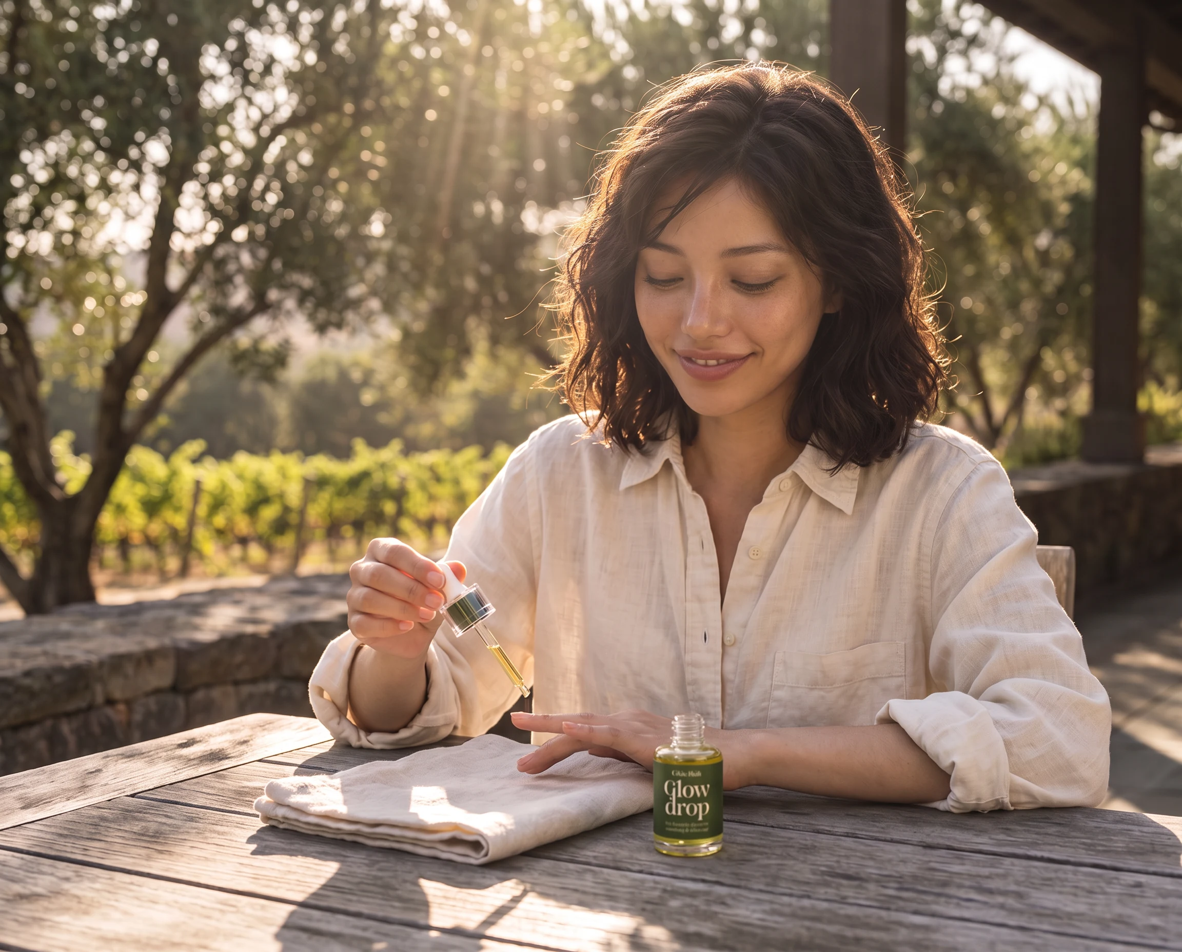 Model at a table applying Glow Drop oil to her nails with the glass dropper