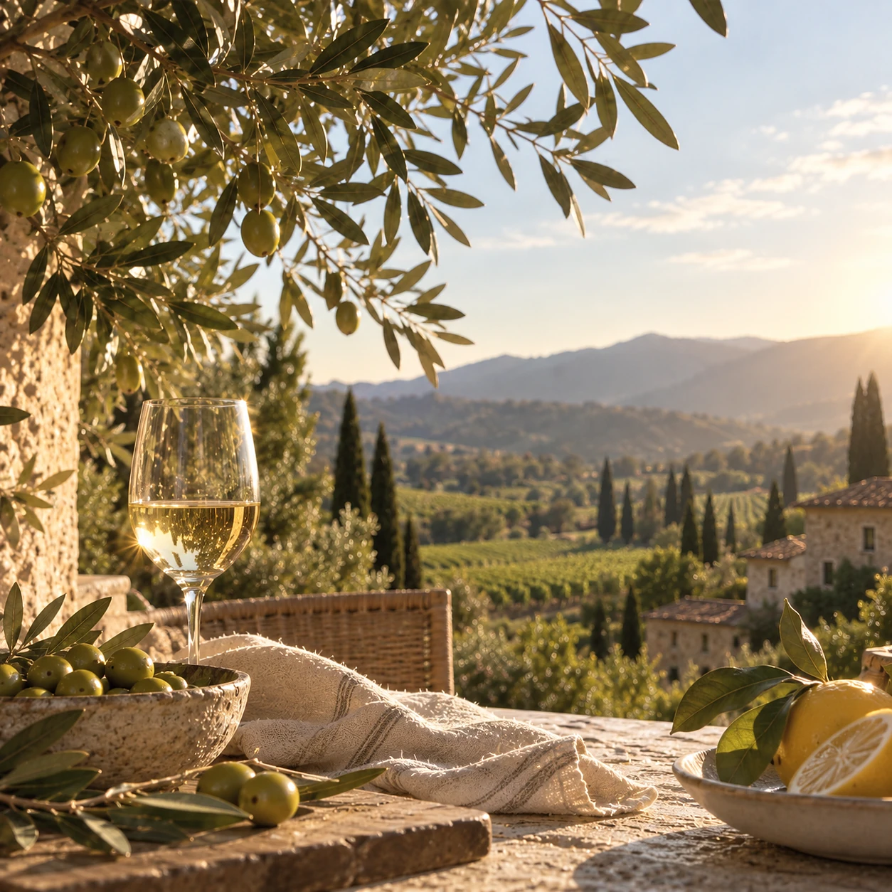 Olive trees and vineyards on hills at sunset