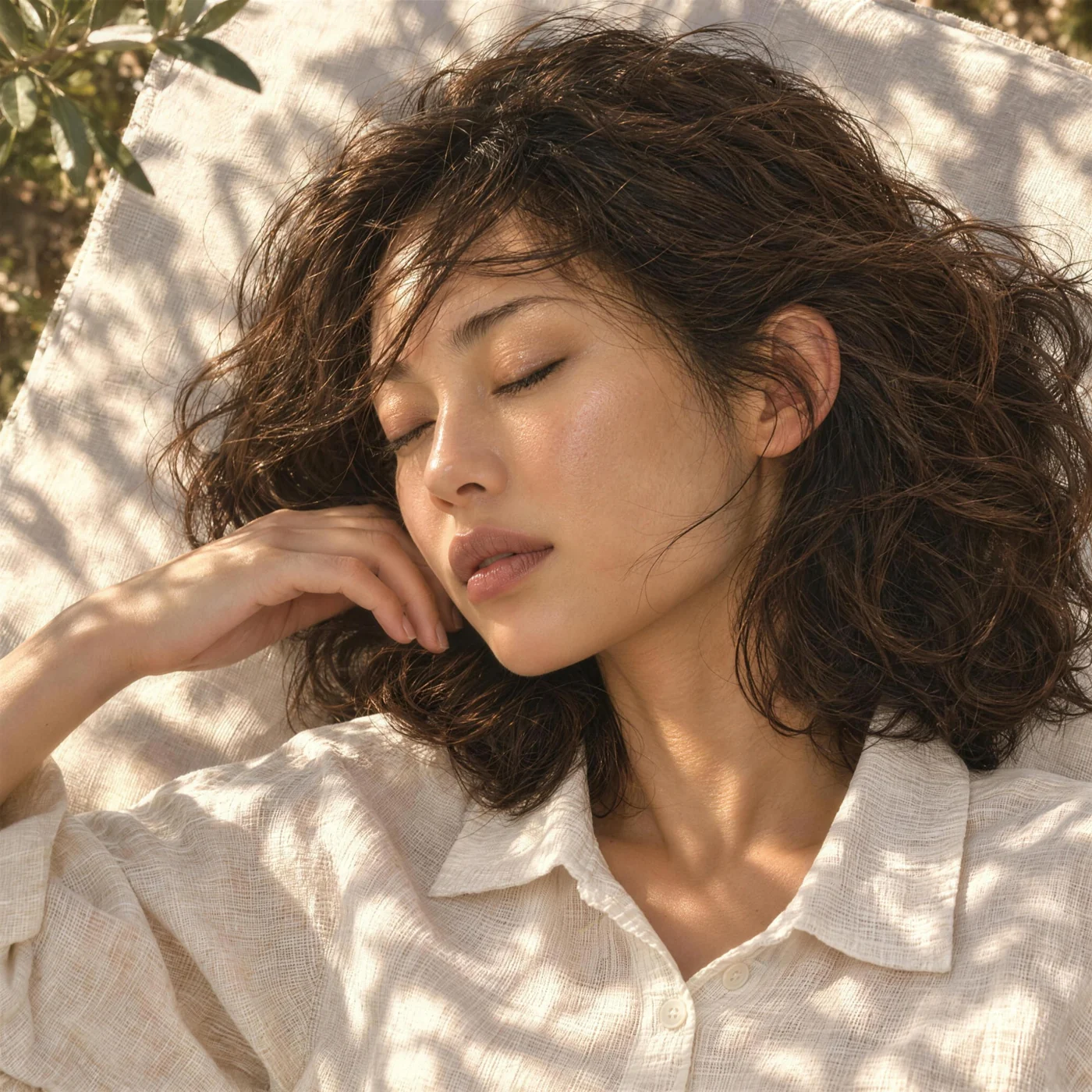 Model relaxing on a sunlit lounger