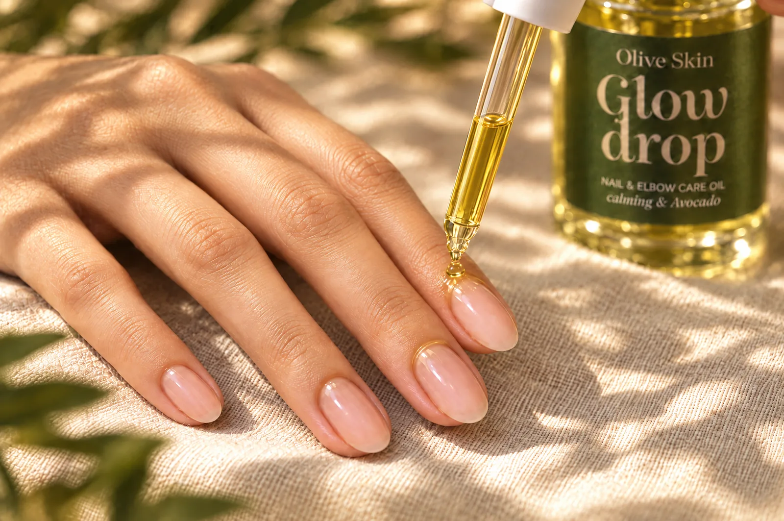 Glass dropper placing a drop of Glow Drop oil at the cuticle
