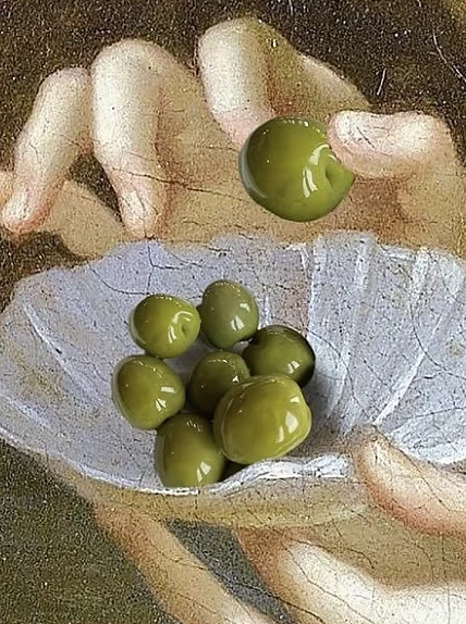 Green olives in a bowl, in an oil painting
